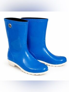 UGG cobalt blue rubber rain boots. White sole, silver tone button- 9